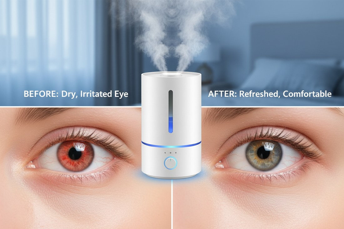 Person with dry eyes next to humidifier showing relief from eye dryness and irritation