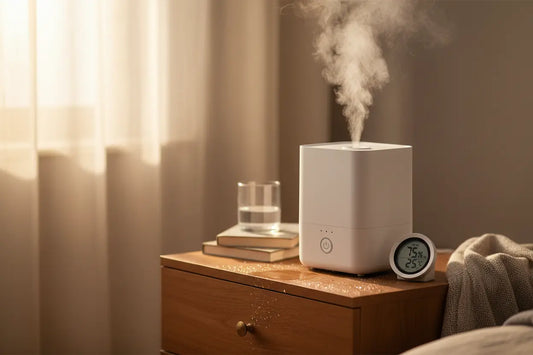 Modern ultrasonic humidifier on nightstand showing common problems including condensation, white dust residue, and high humidity levels on hygrometer - illustrating the bad sides and drawbacks of home humidifiers