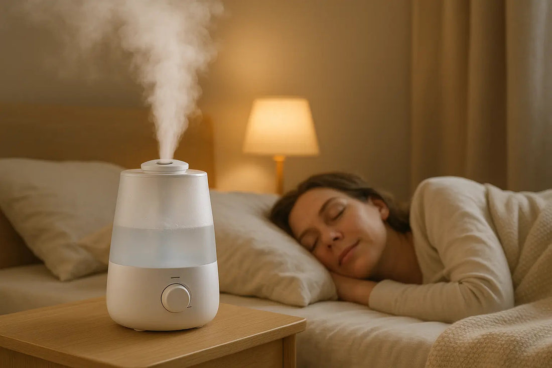 Best humidifier for dry bedroom air — QuietAura 3L ultrasonic humidifier on nightstand with LED night light