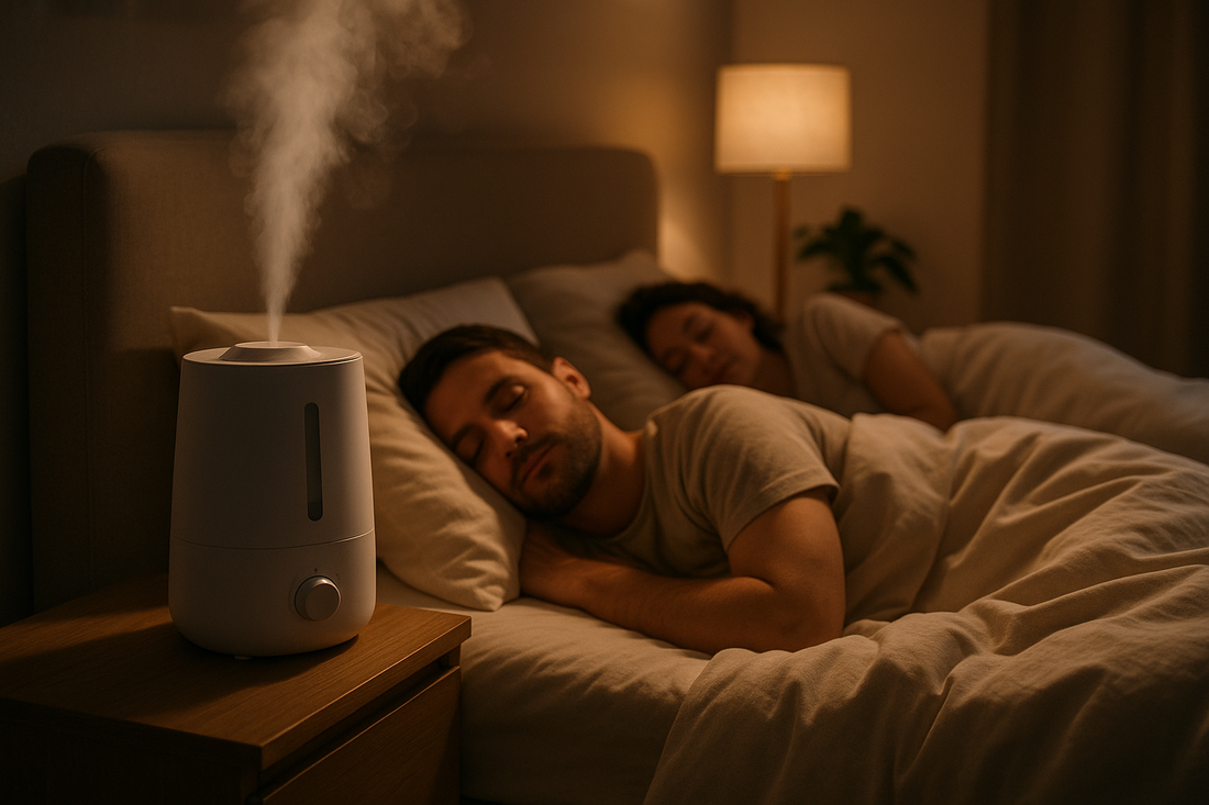 Person sleeping peacefully with humidifier reducing snoring in bedroom