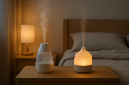humidifier vs diffuser smart sleep devices on bedside table with gentle mist and warm light