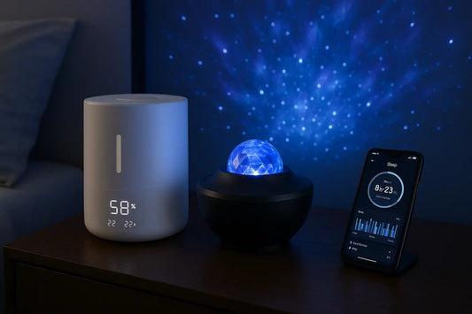 Modern sleep technology devices including smart humidifier and galaxy projector on nightstand