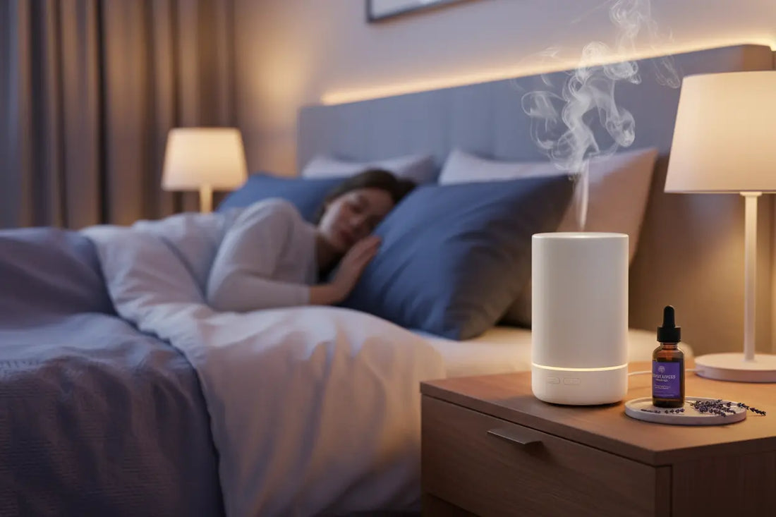 Sleeping with diffuser safely - essential oil diffuser on nightstand emitting calming lavender mist for better sleep quality 2026
