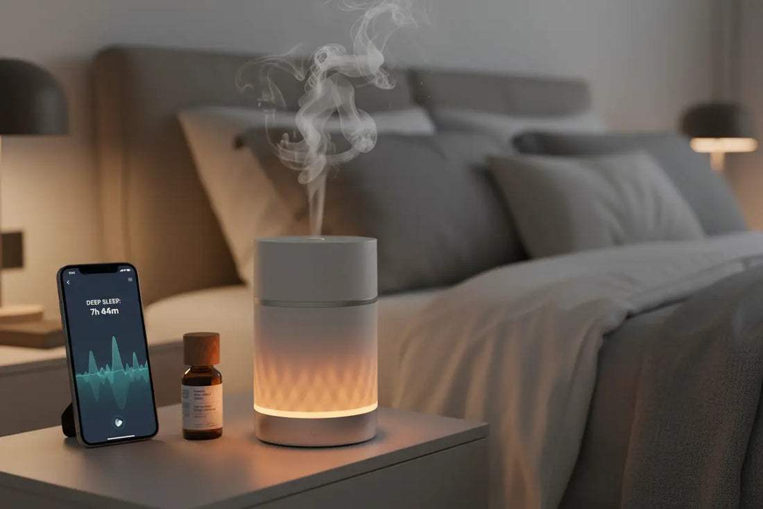 Smart aromatherapy sleep machine diffuser with LED lighting and smartphone app control on bedroom nightstand for better sleep