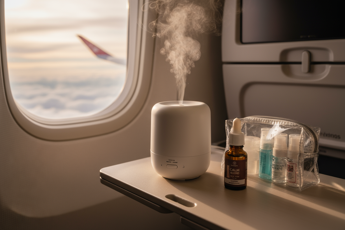 Portable essential oil diffuser on airplane tray table with TSA-approved travel bottles and essential oils for safe air travel