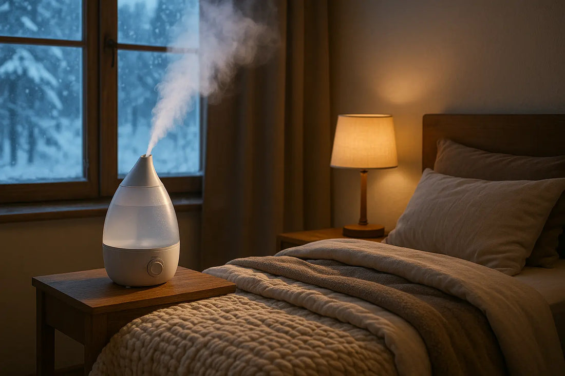 Humidifier creating comfortable moisture in cozy winter bedroom with snowy window