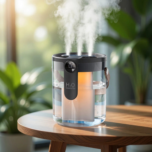 1.5L Triple Jet Humidifier with powerful nano mist, warm ambient lighting, portable handle, and digital display on a bright modern table