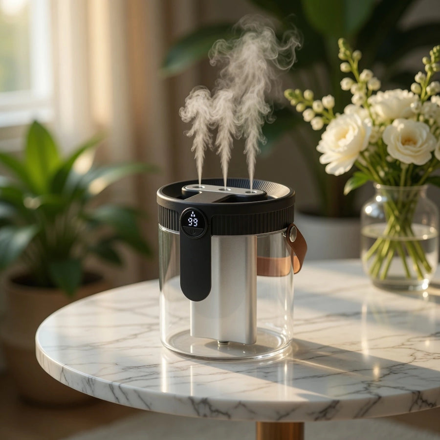 Humidifier emitting steam on a marble table with plants and flowers in the background