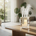 1.5L Triple Spray Humidifier in white with powerful mist and warm ambient light in a bright modern living room with natural sunlight and plants