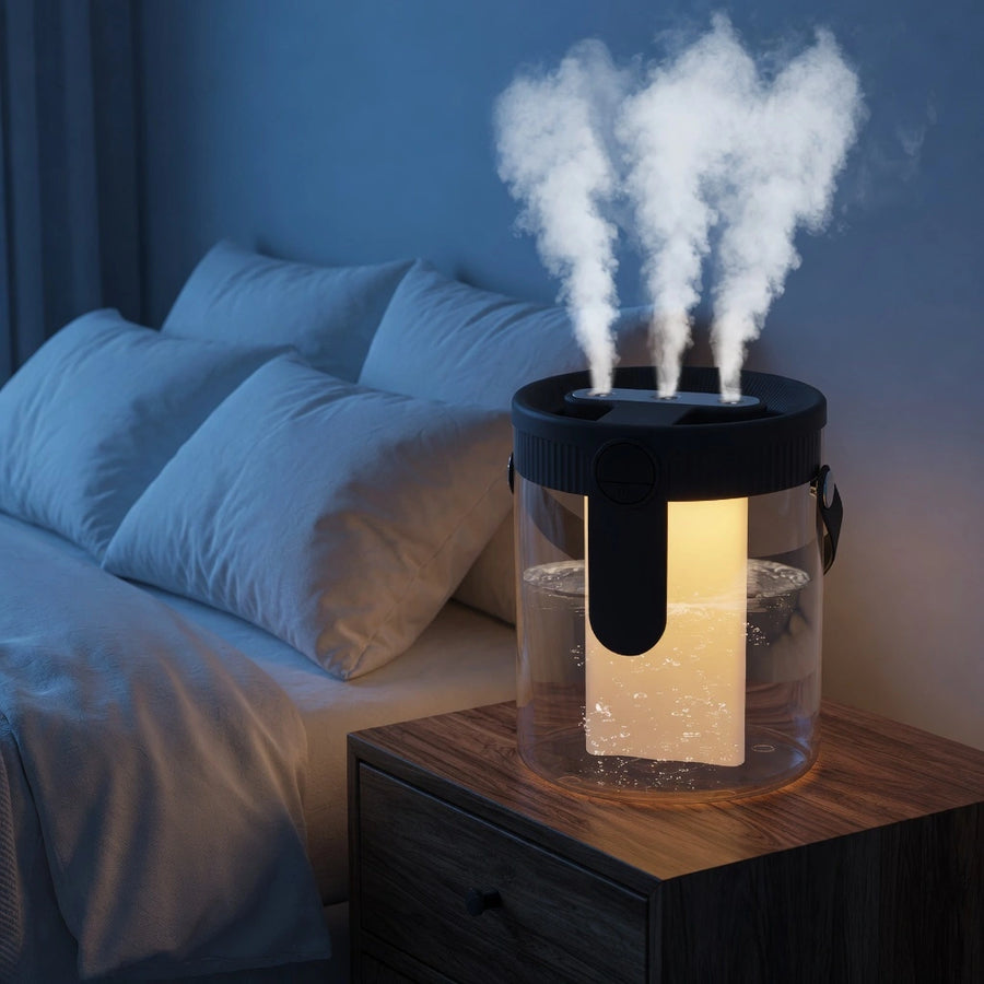 Humidifier emitting steam on a nightstand next to a bed in a bedroom.