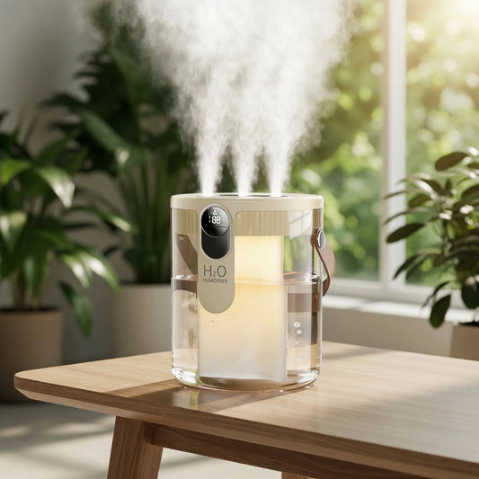 Portable wireless humidifier with three spray nozzles on bedroom nightstand — QuietAura