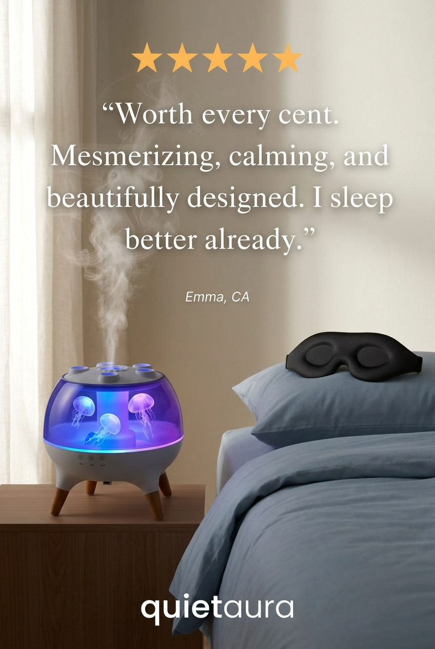 Quietaura diffuser on a nightstand with a quote from a customer, surrounded by a bedroom setting.