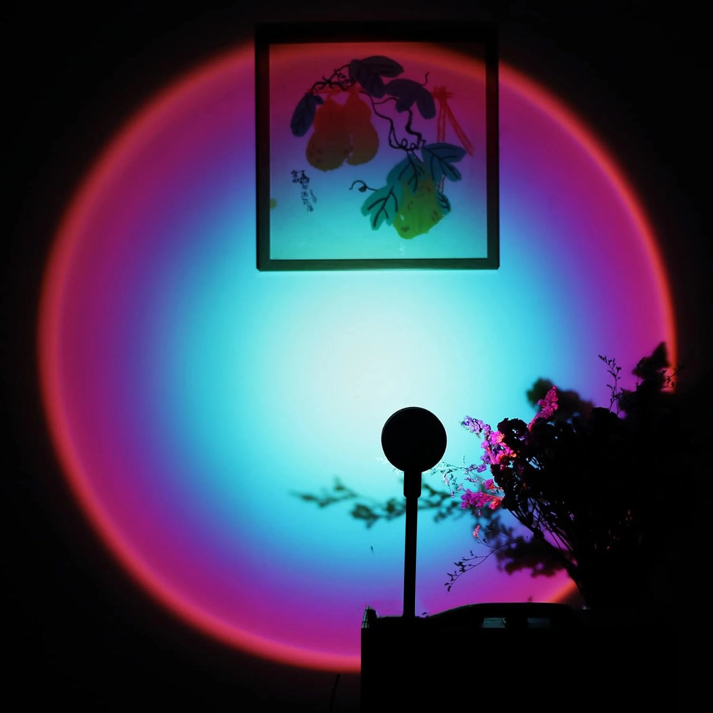 Colorful circular light effect with a silhouette of a streetlight and tree branches.