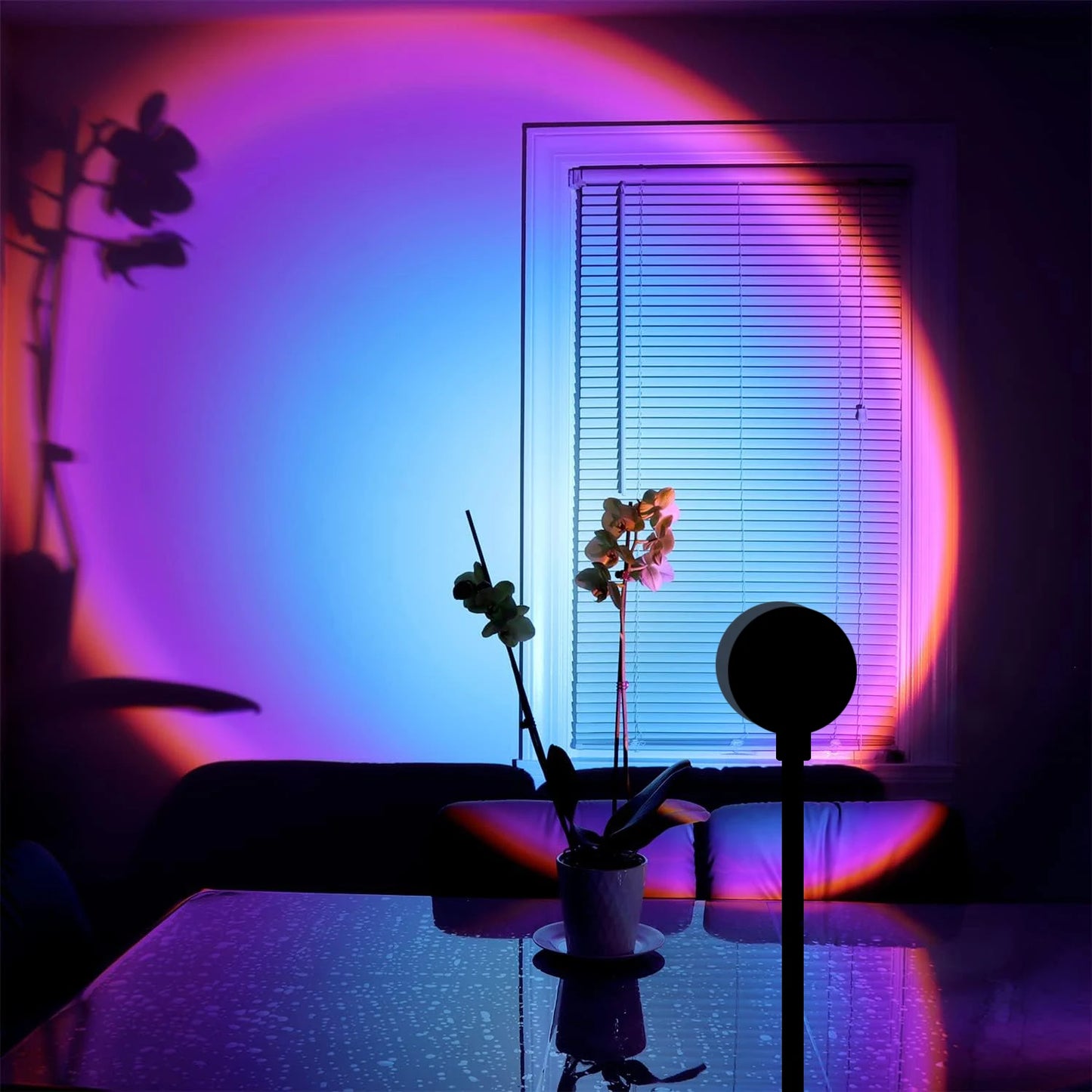 Neon-lit room with plants and a mirror on a reflective surface