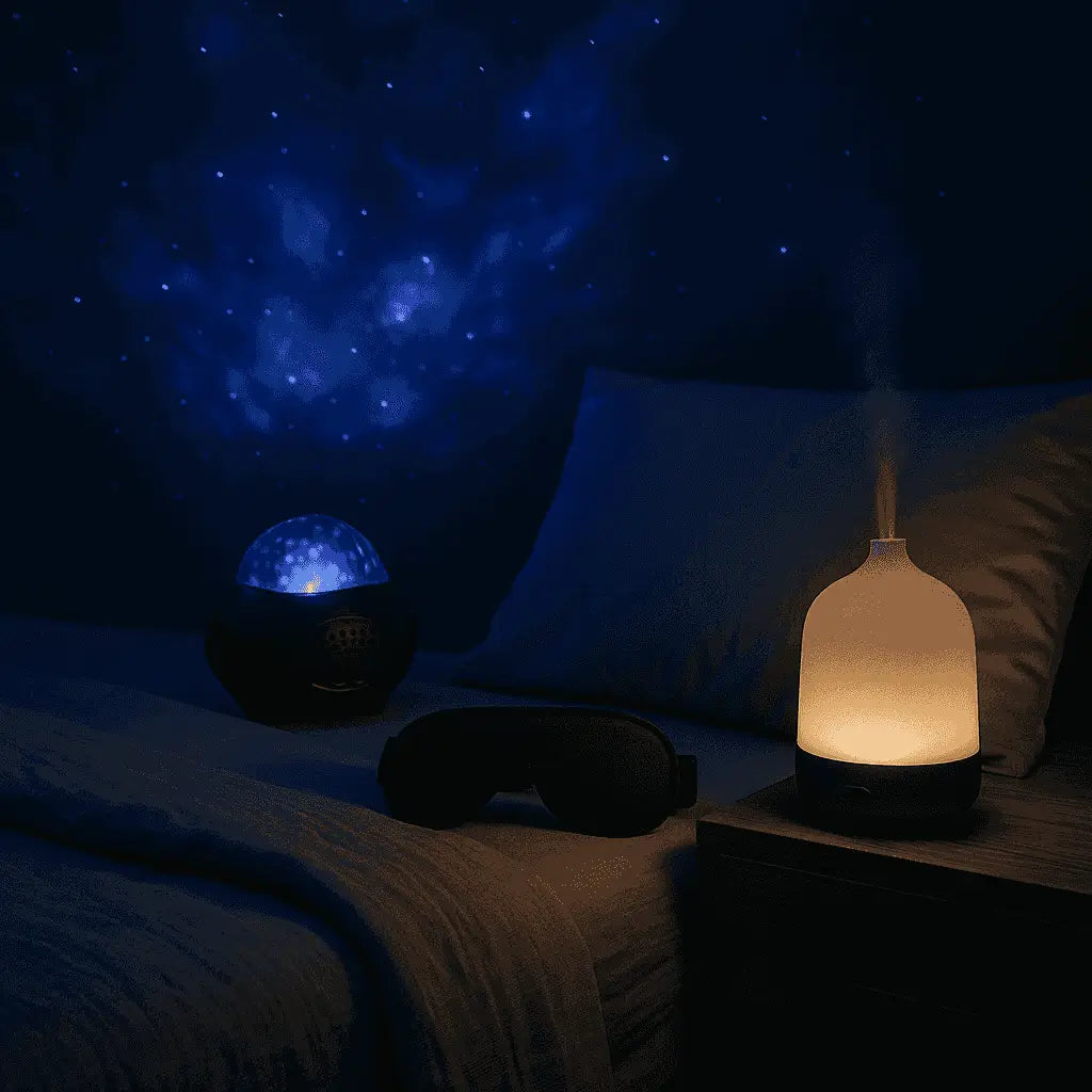 Starry night light projector, sleep mask, and diffuser on a bedside table with dark blue starry sky projection.