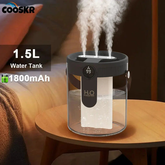 1.5L Air Humidifier Large Capacity Home Humidifier Silent Mist Maker 1800mAh Battery USB Rechargeable Humidifier with LED Light QuietAura