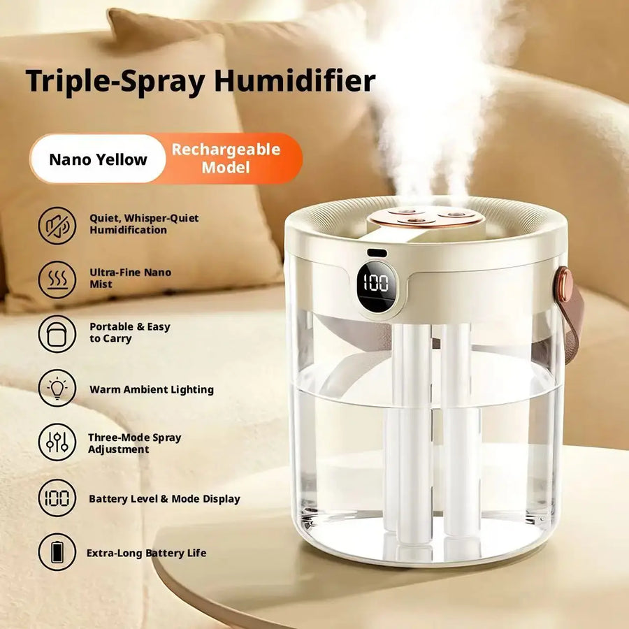 Rechargeable 3 Spray Humidifier Large Capacity Quiet Air Humidifier with Night Light Portable for Home Office Bedroom Desktop QuietAura