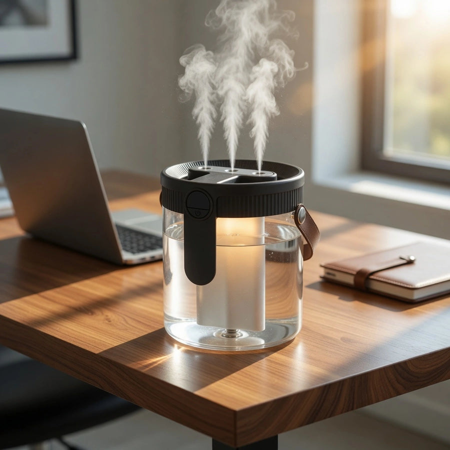 Humidifier on a desk with a laptop and notebook in the background