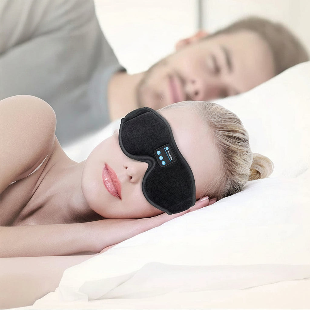 Sleep mask with Bluetooth 5.0 feature on a person lying down, with text 'Born for Sound Sleeps'.
