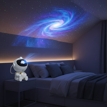 Astronaut Nebula Projector with remote control on a space-themed background