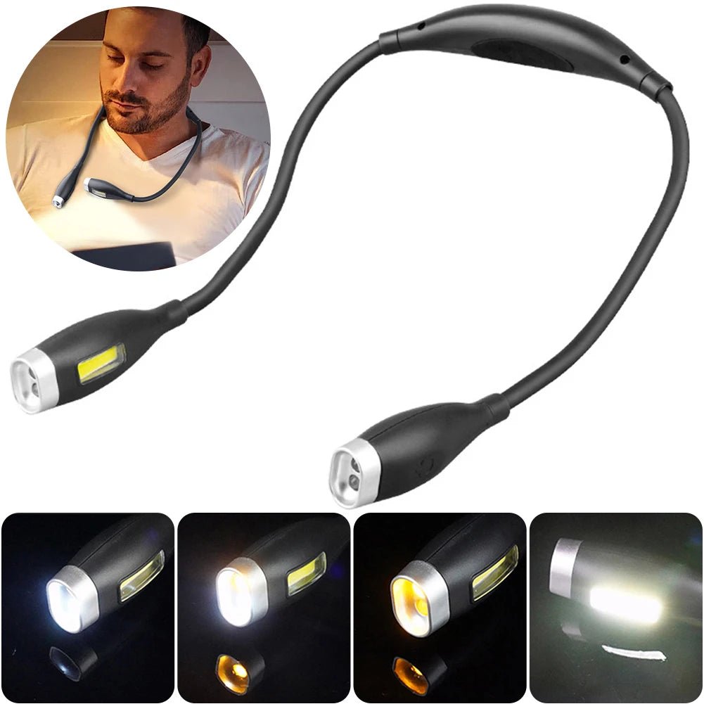 Black neck-mounted LED light with close-up inset and additional views on a white background