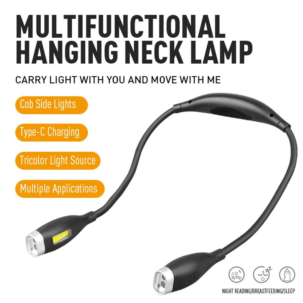 Multifunctional hanging neck lamp with features listed on a white background