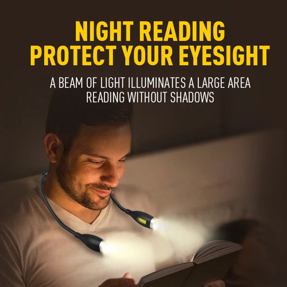 Person reading a book with a neck-mounted light, text about eye protection and light beam.