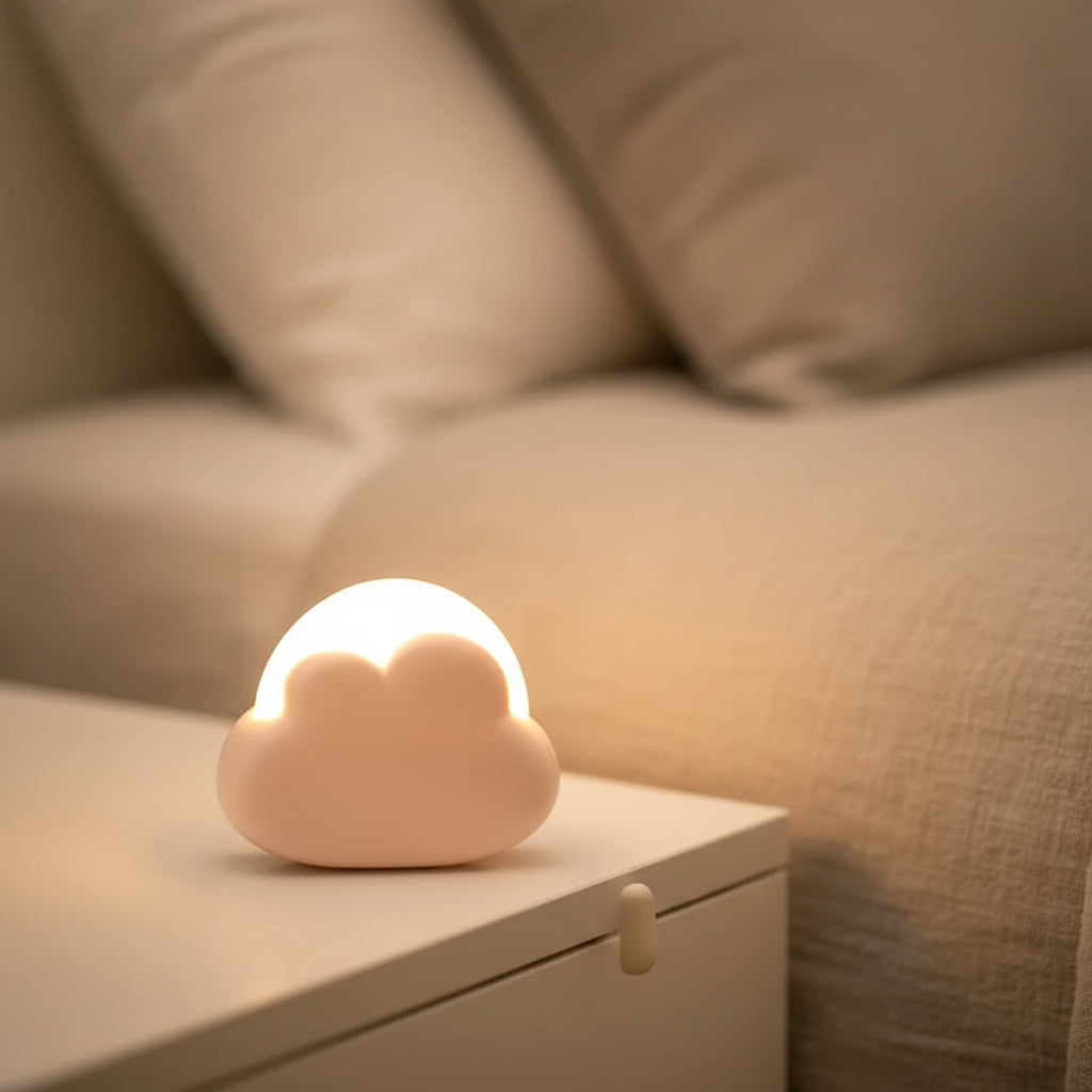 Heart-shaped night light with text 'Sleep with the CLOUD SLEEP PEACEFULLY' on a blurred background