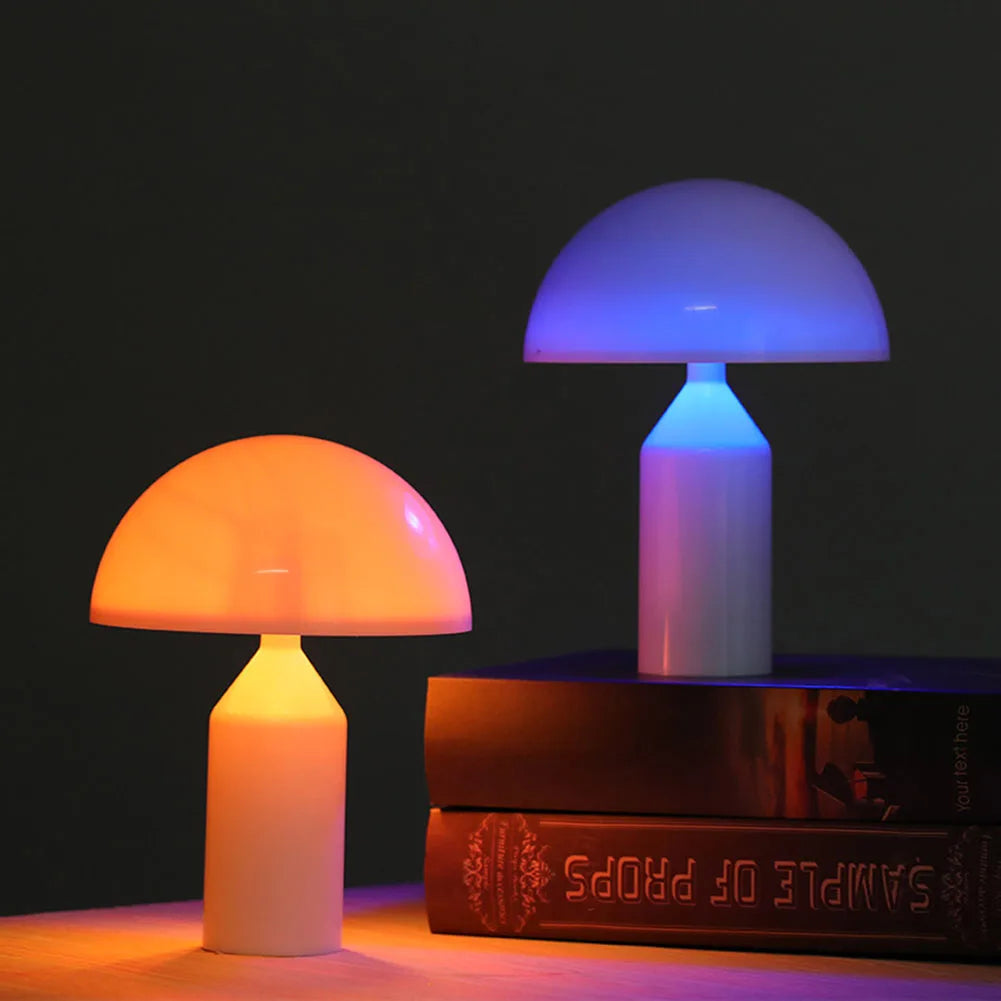 Aesthetic LED mushroom night light lamp glowing warm white on bedroom nightstand