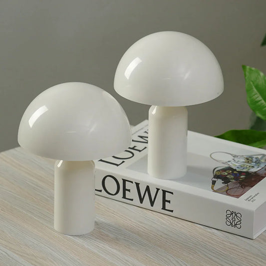 Aesthetic LED mushroom night light lamp glowing warm white on bedroom nightstand