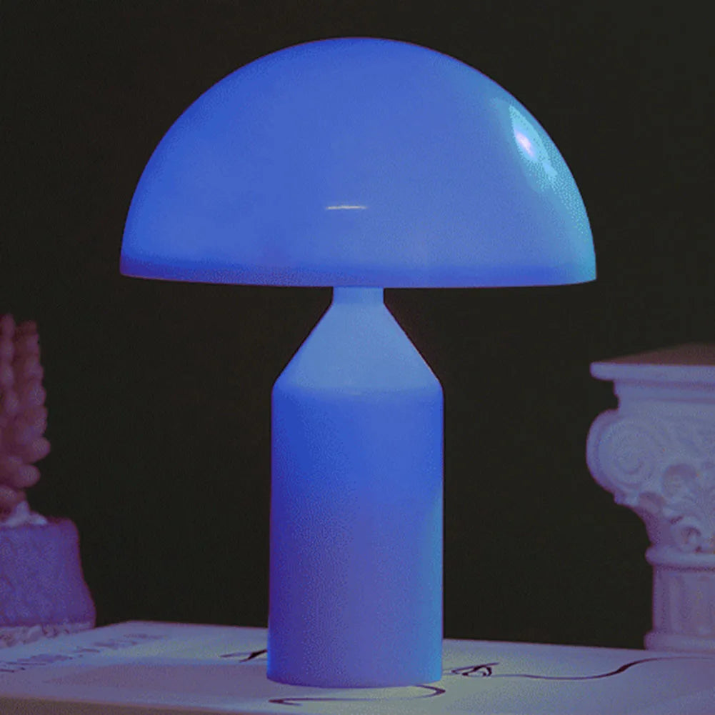 Aesthetic LED mushroom night light lamp glowing warm white on bedroom nightstand