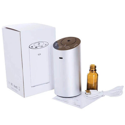 Waterless Car Scent Diffuser Nebulizer, Smart Sleep Device with packaging and accessories including USB cable.